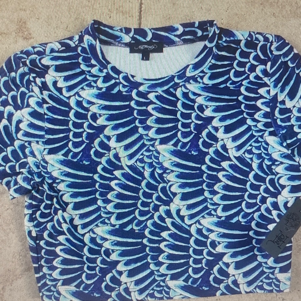 Ed Hardy Navy & Light Blue Feather-Print Crop Top